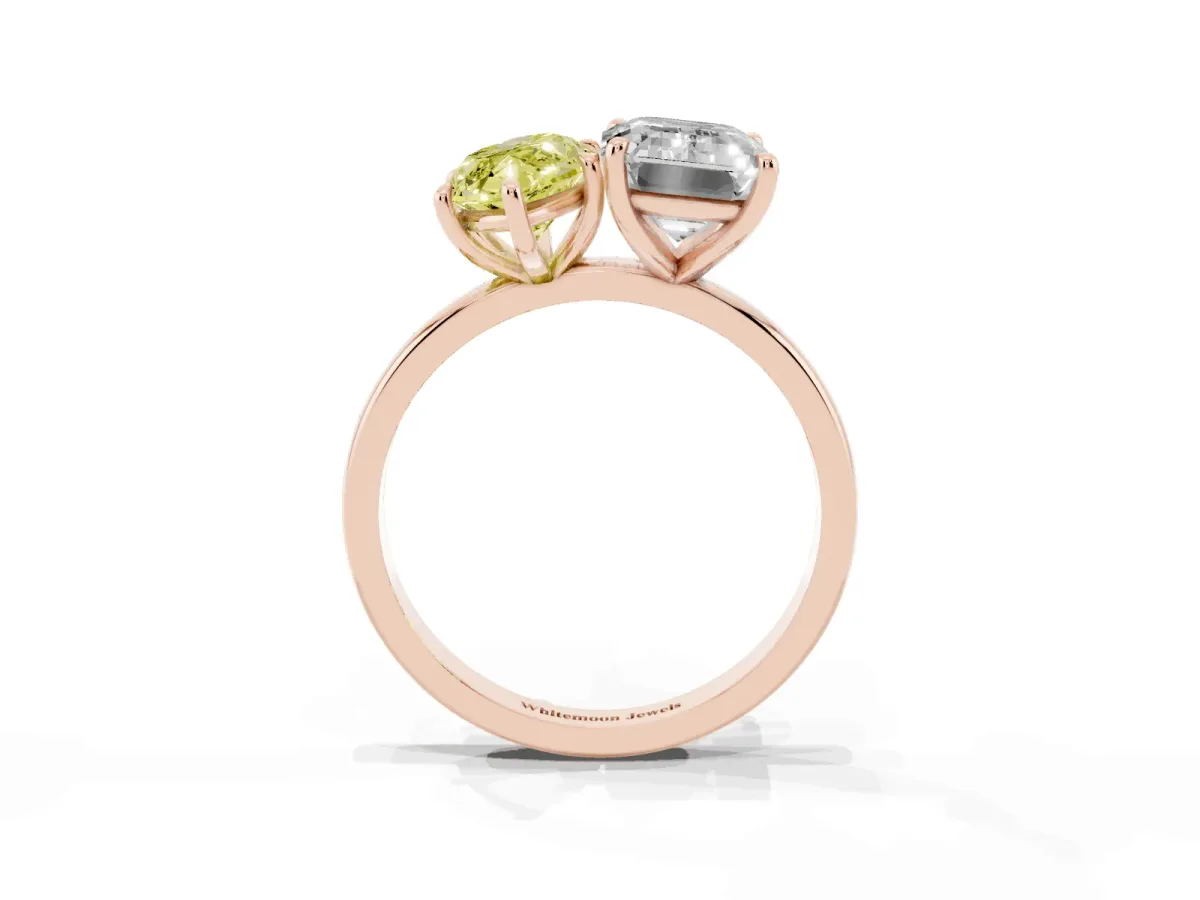 Fancy Yellow Marquise Cut and Emerald Cut Toi Moi Ring with Prong Setting Rose gold