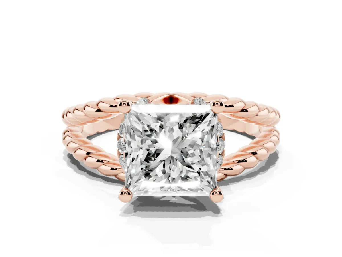 Princess Cut Halo Twisted Band Four-Prong Ring Rose gold