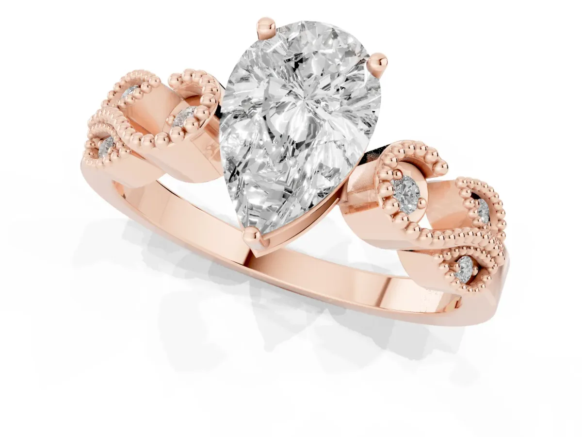 Pear Cut Solitaire Milgrain Leaf Band with Prong Setting Rose gold