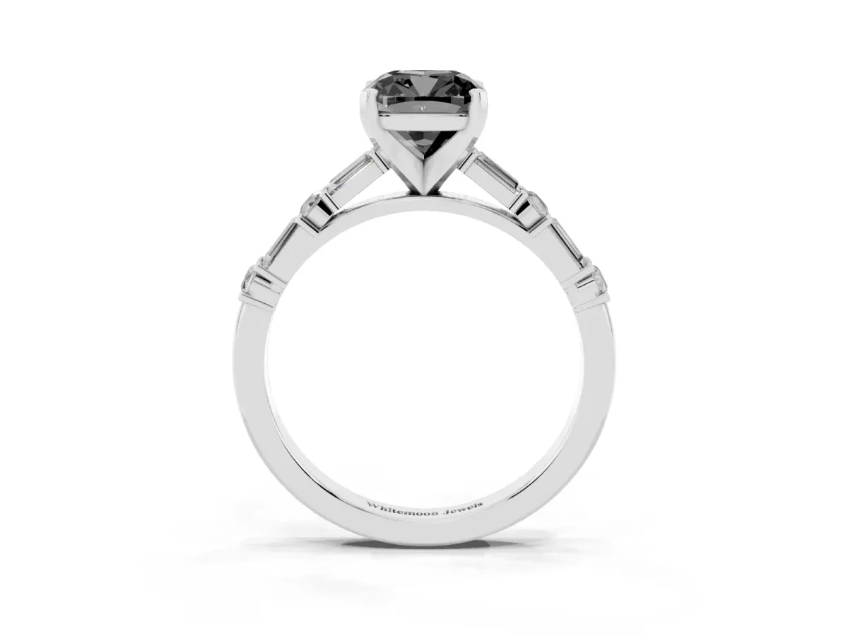 Fancy Black Cushion Cut Diamond Solitaire with Side Baguettes and Channel Set Band White gold