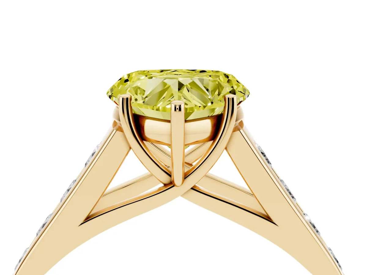 Fancy Yellow Heart Cut Brilliant Channel-Set Solitaire Ring with Four-Prong Setting Yellow gold