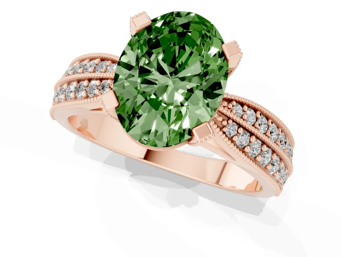 Fancy Green Oval Cut Diamond Solitaire Ring with Milgrain Round Pavé Band and Prong Setting Rose gold