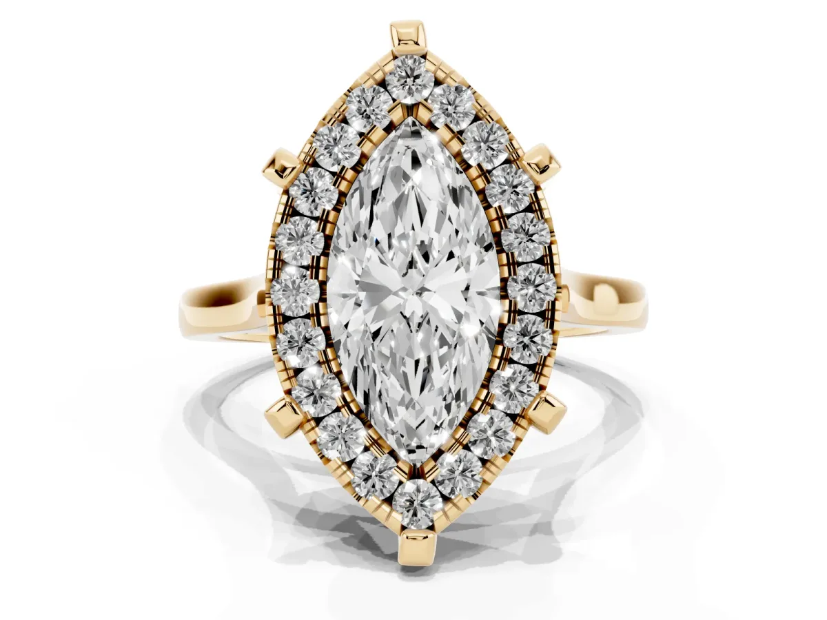 Marquise Cut Diamond Cluster Halo Solitaire with Four-Prong Setting Yellow gold