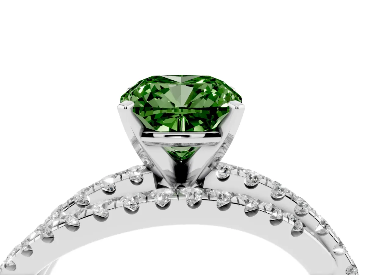 Fancy Green Cushion Cut Solitaire Twist Band with Pavé Setting and Four-Prong Setting Silver