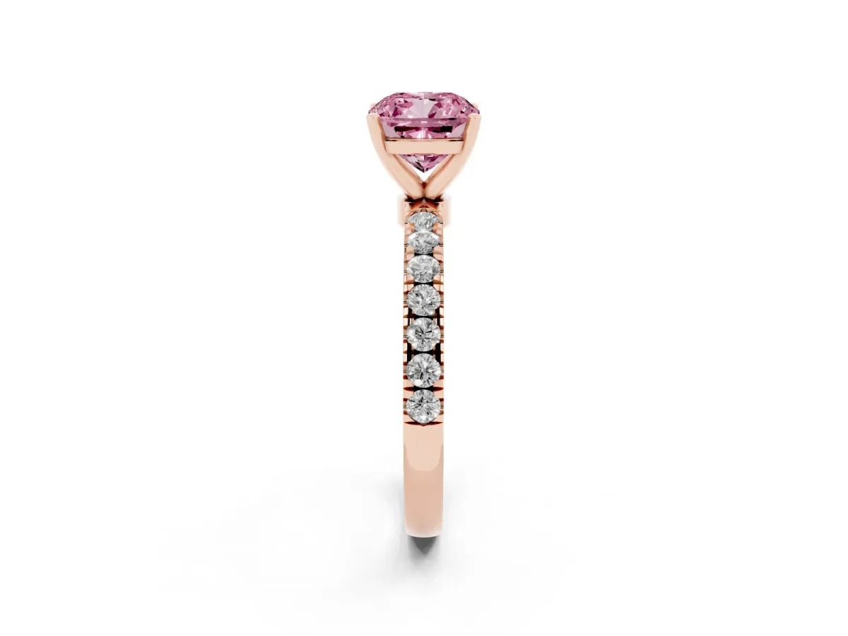 Fancy Pink Cushion Cut Diamond Solitaire Ring with Pavé Accents and Four-Prong Setting Rose gold