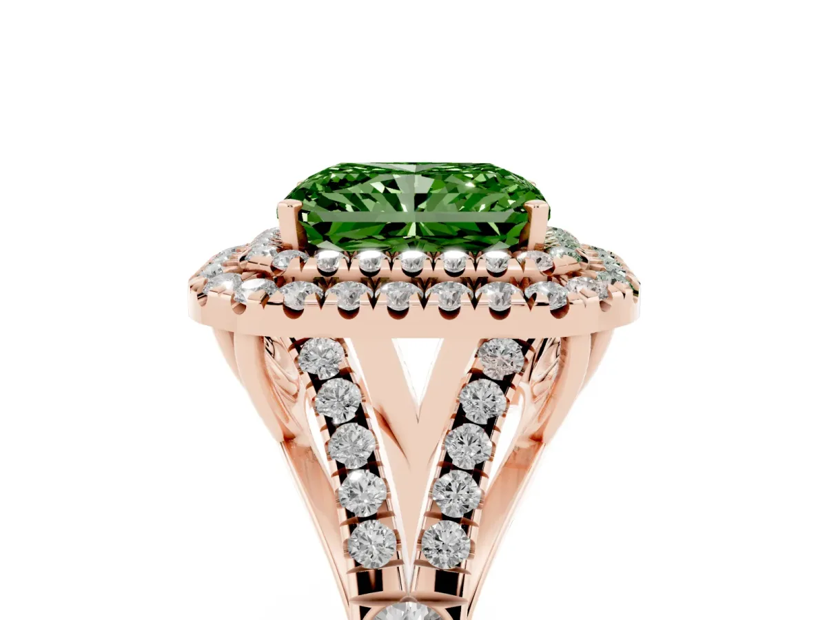 Fancy Green Radiant Cut Cut Double Halo Split Shank Diamond Ring with Prong Setting Rose gold