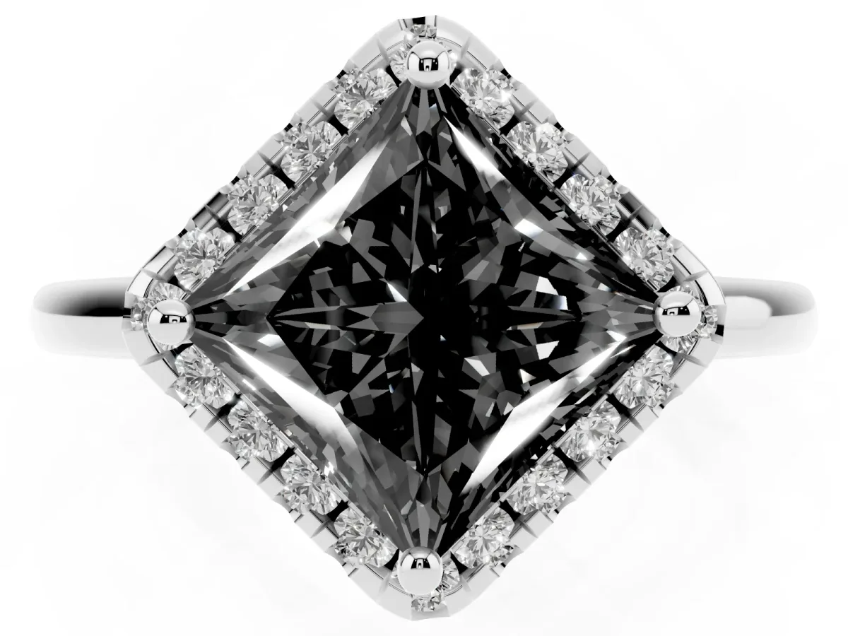Fancy Black Princess Cut Halo Round Diamond Solitaire Engagement Ring with Pave Band and Four-Prong Setting White gold