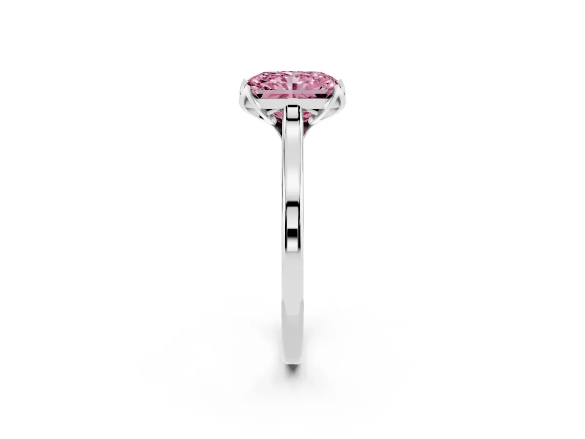 Fancy Pink Radiant Cut Diamond Solitaire Ring with Flower Prong Setting and Classic Band Platinum