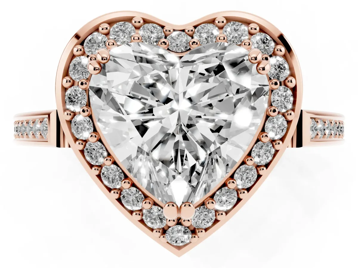 Heart Cut Diamond Halo Ring with Split Shank and Four-Prong Setting Rose gold