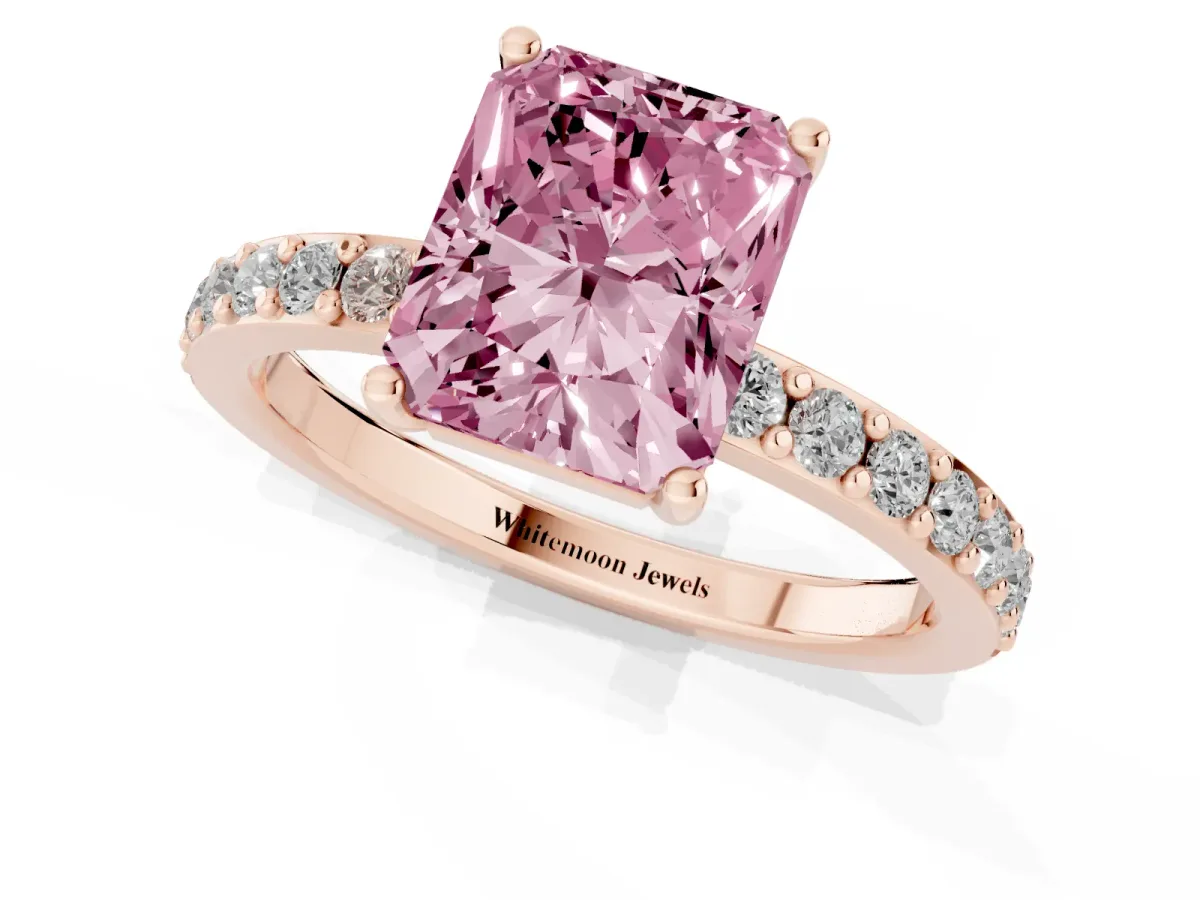 Fancy Pink Radiant Cut Cut Diamond Solitaire with Pave Band and Four-Prong Setting Rose gold