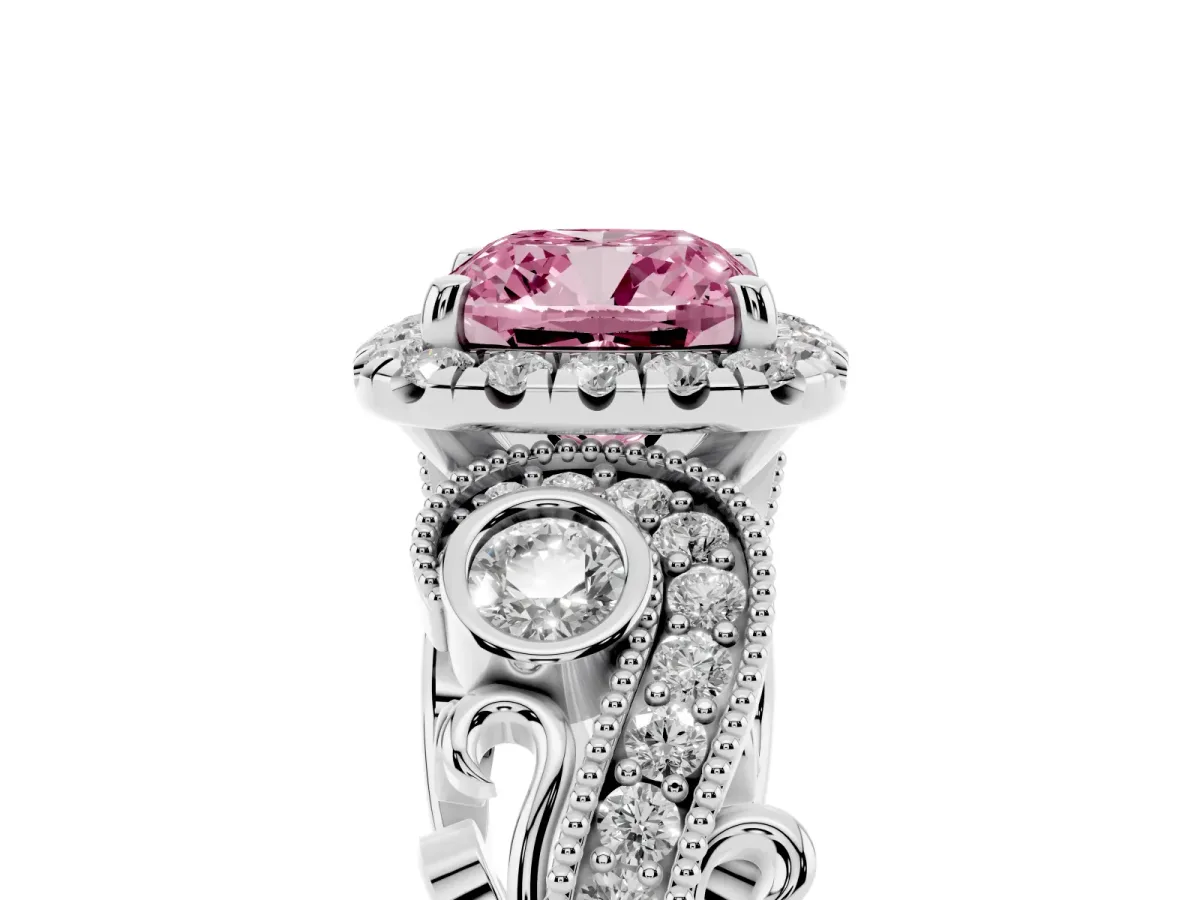 Fancy Pink Cushion Cut Halo Diamond Ring with Milgrain and Bezel Accents on a Split Shank Band Silver