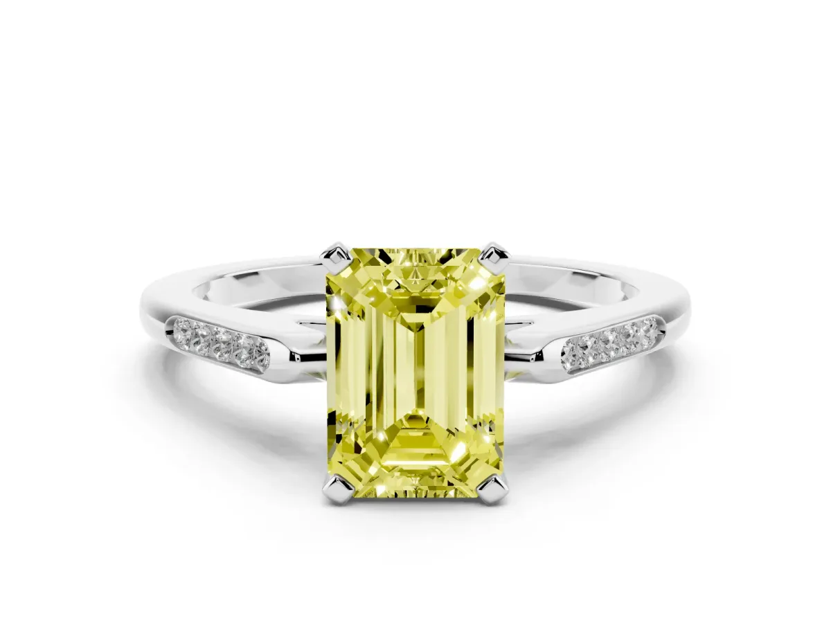 Fancy Yellow Emerald Cut Diamond Solitaire Ring with Channel Set Round Band and Prong Setting Silver