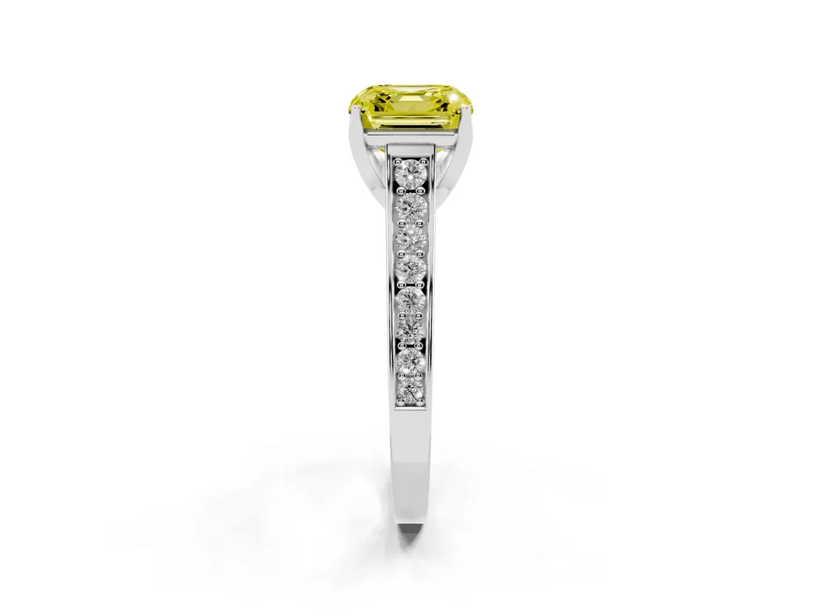 Fancy Yellow Asscher Cut Brilliant Cut Diamond Engagement Ring with Pavé Band and Four-Prong Setting Silver