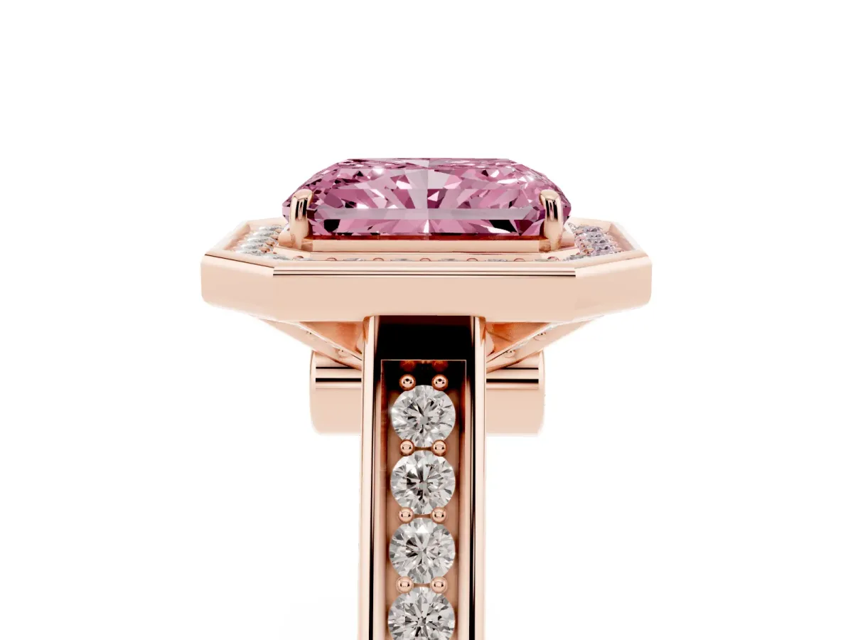 Fancy Pink Radiant Cut Halo Solitaire Diamond Ring with Pave Band and Bezel Setting Rose gold