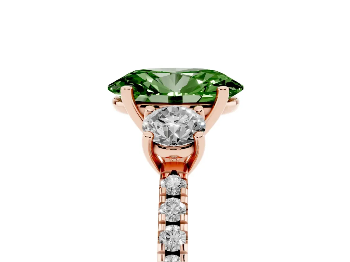 Fancy Green Three-Stone Oval Cut Cut Diamond Pavé Band with Prong Setting Rose gold