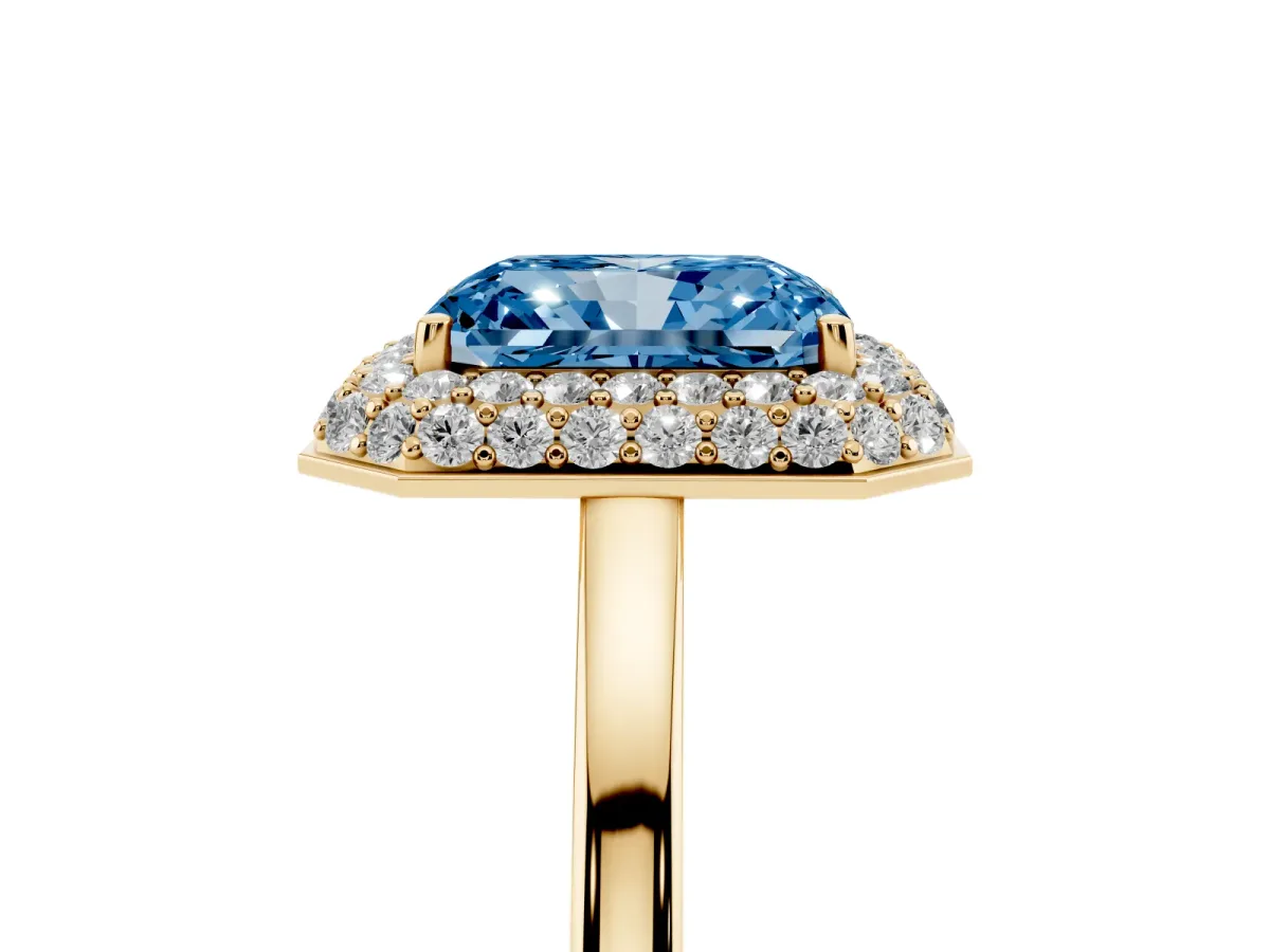 Fancy Blue Radiant Cut Halo Diamond Engagement Ring with Solitaire Band and Four-Prong Setting Yellow gold