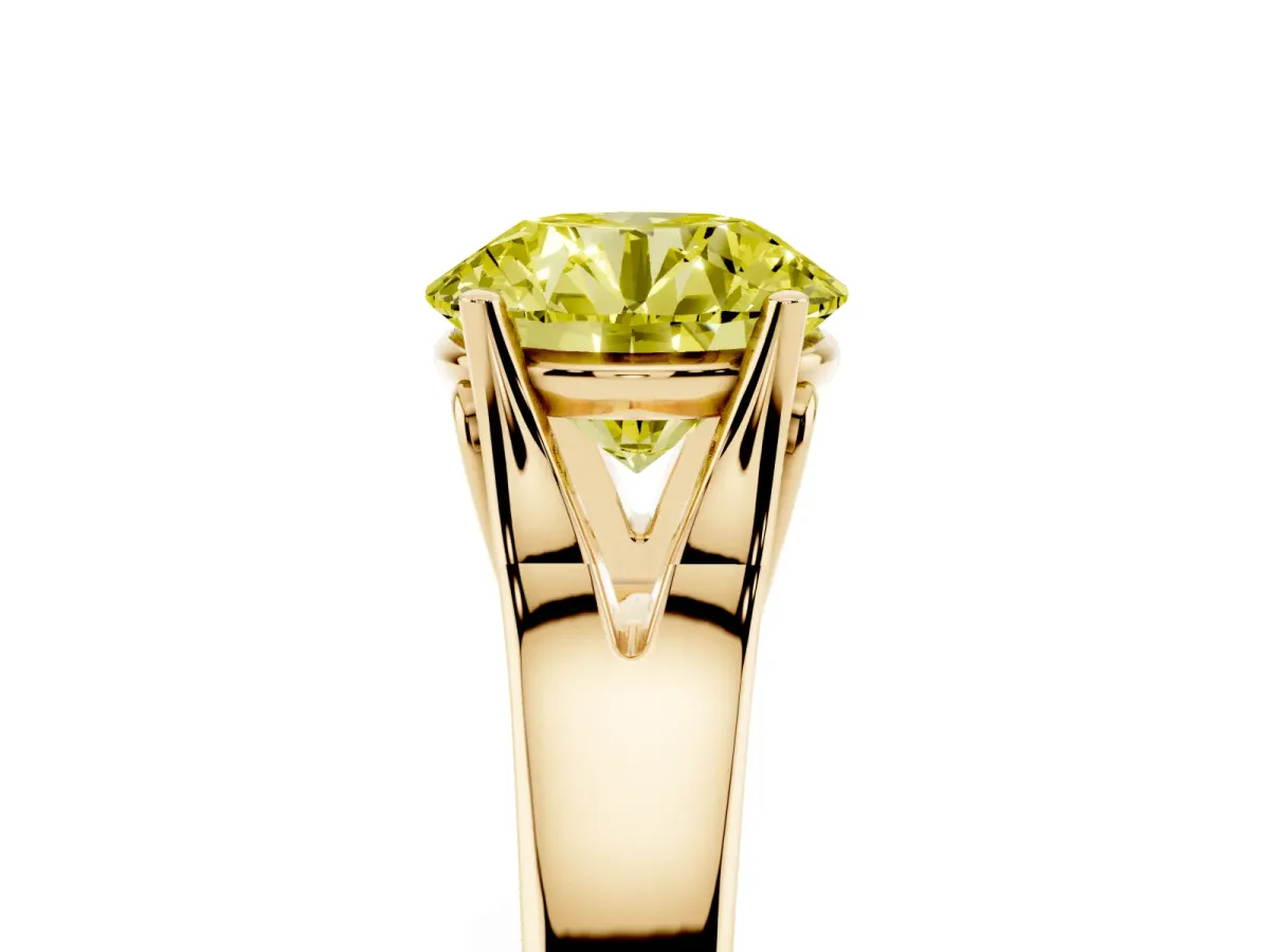 Fancy Yellow Round Cut Solitaire Diamond Ring with Cathedral Band and Four-Prong Setting Yellow gold