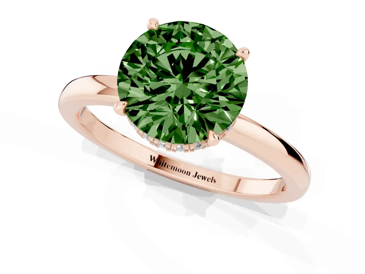 Fancy Green Round Cut Solitaire Engagement Ring with Cathedral Band and Four-Prong Setting Rose gold