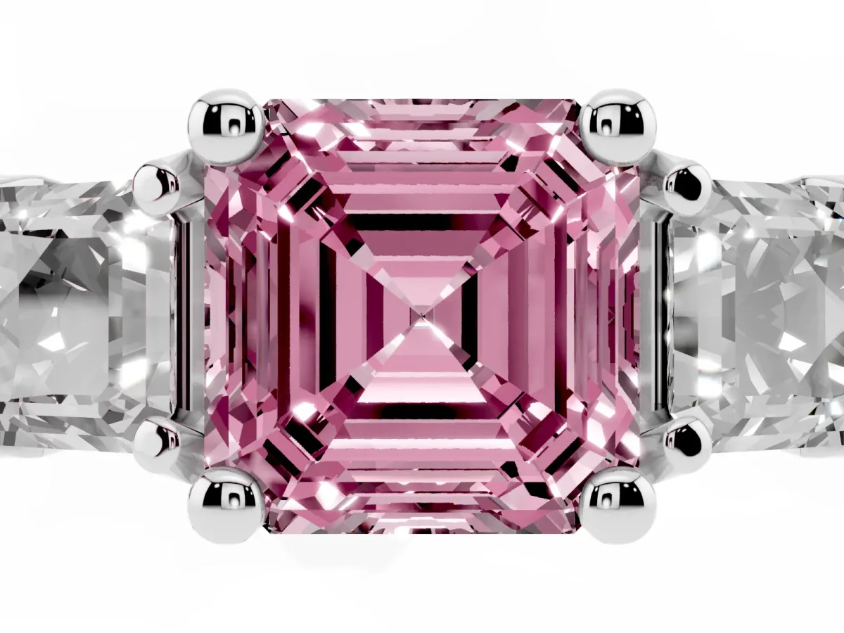 Fancy Pink Asscher Cut Diamond Three-Stone Ring with Channel Set Band and Four-Prong Setting Silver