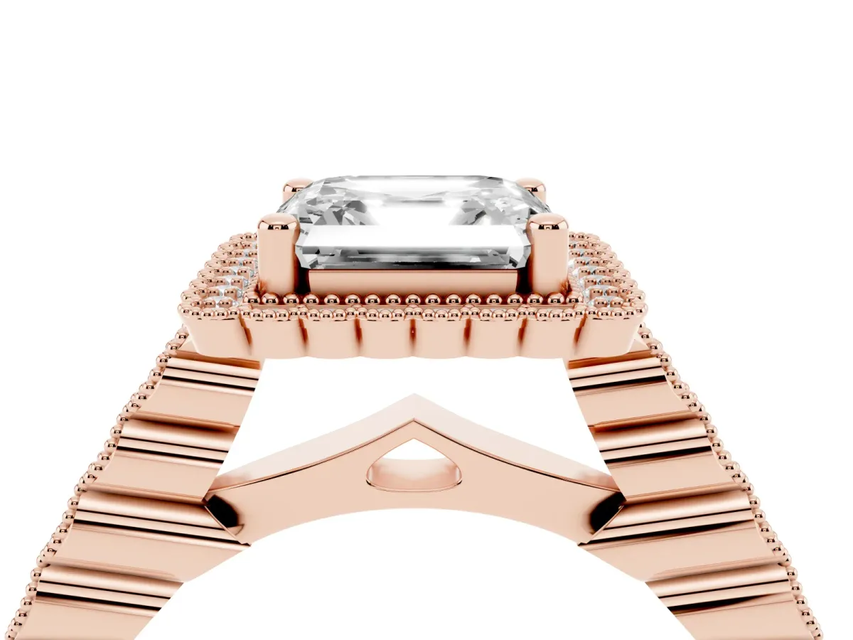 Asscher Cut Cut Halo Pavé Solitaire Ring with Milgrain Band Rose gold