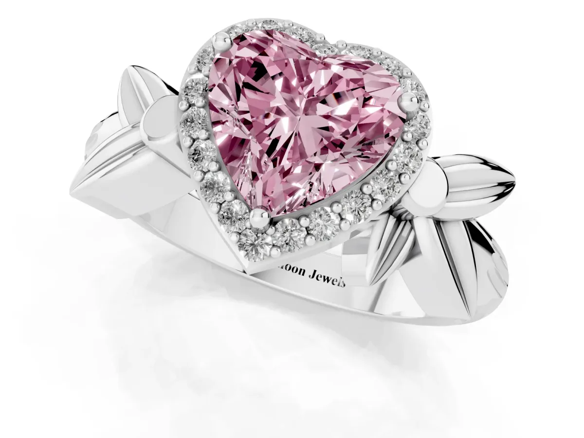 Fancy Pink Heart Cut Halo Diamond Floral Band with Four-Prong Setting Silver