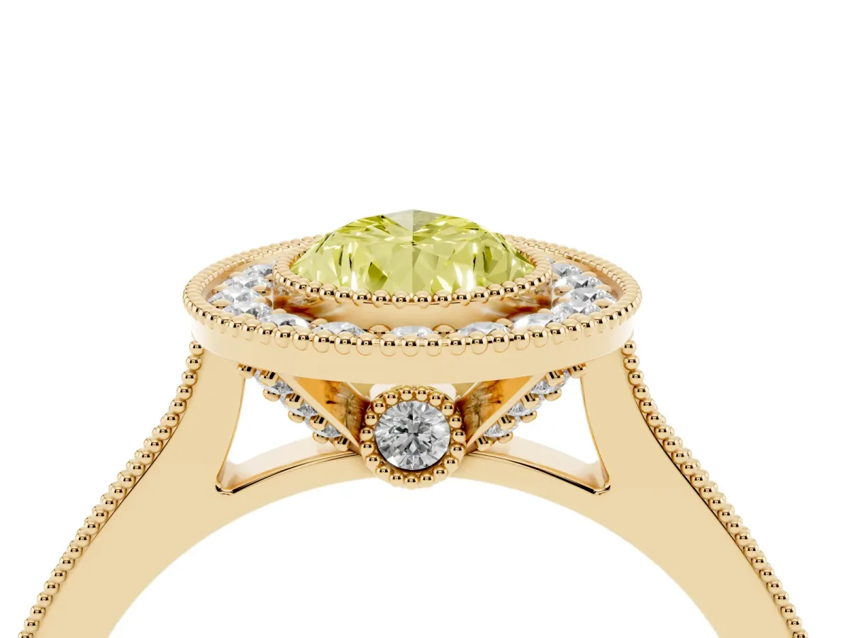 Fancy Yellow Halo Pear Cut-Cut Diamond Pave Band Milgrain Prong Setting Ring Yellow gold