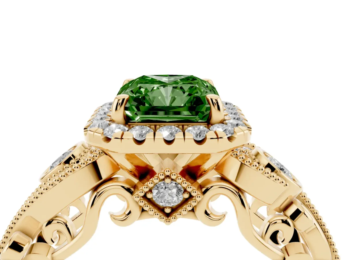 Fancy Green Radiant Cut Halo Diamond Ring with Milgrain and Bezel Accents on a Split Shank Band Yellow gold