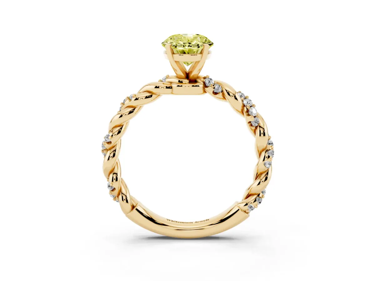 Fancy Yellow Oval Cut Diamond Solitaire Ring with Twisted Band and Pavé Accents Yellow gold