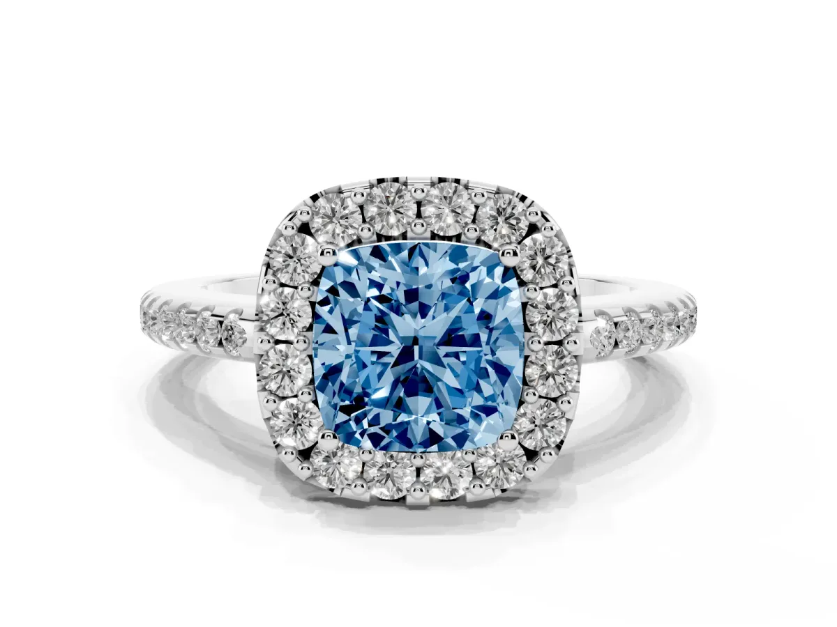 Fancy Blue Cushion Cut Diamond Pavé Halo Ring with Four-Prong Setting Silver