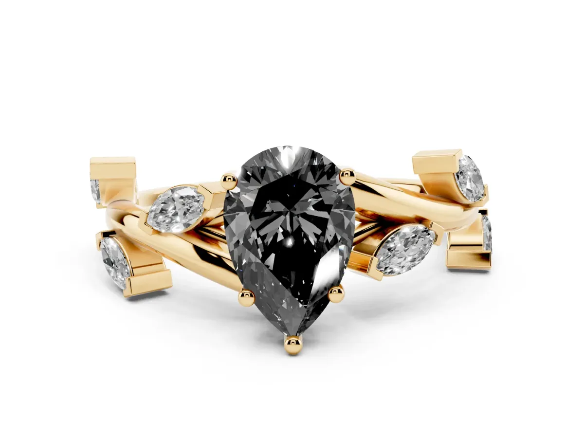 Fancy Black Pear Cut Solitaire Twisted Band Marquise Accent Prong Setting Ring Yellow gold