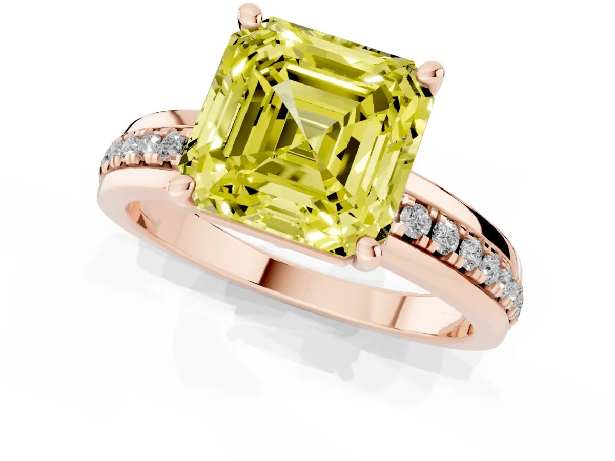 Fancy Yellow Asscher Cut Solitaire Diamond Ring with Channel Set Band and Six-Prong Setting Rose gold