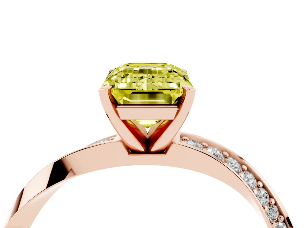 Fancy Yellow Emerald Cut Diamond Engagement Ring with Side Stone Accents and Four-Prong Setting Rose gold