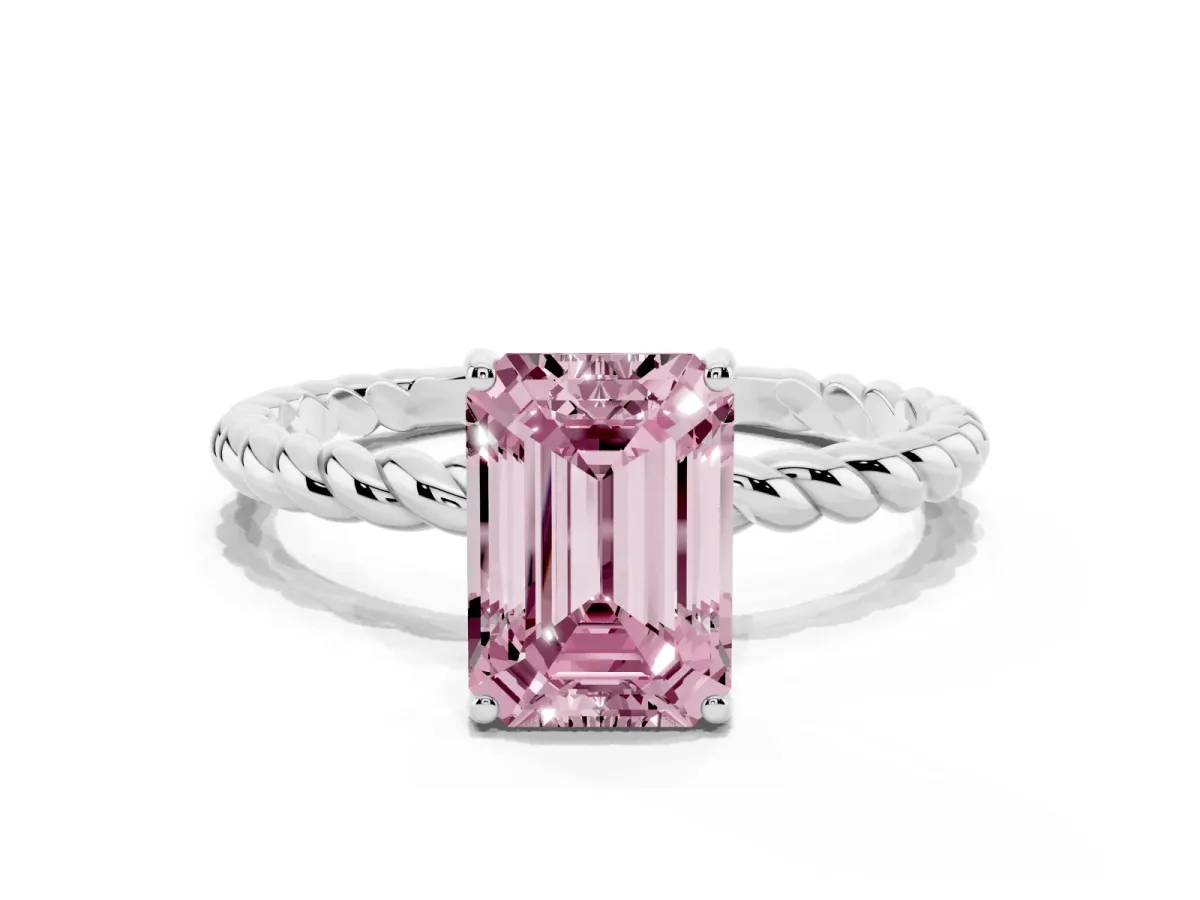 Fancy Pink Emerald Cut Solitaire Twist Band Ring with Four-Prong Setting Platinum