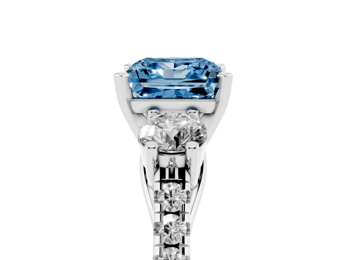 Fancy Blue Three-Stone Princess Cut Diamond Pavé Band with Four-Prong Setting Silver