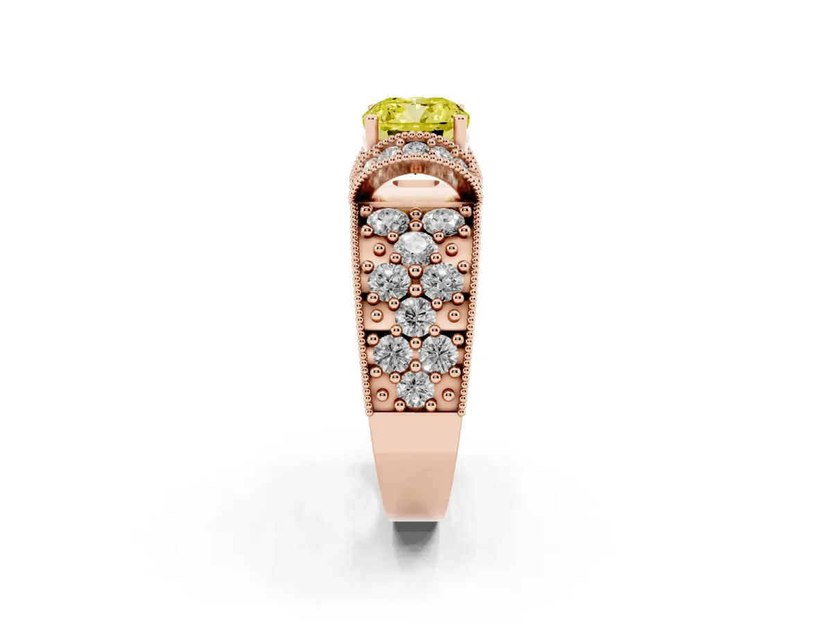 Fancy Yellow Cushion Cut Halo Pave Diamond Engagement Ring with Milgrain Detailing Rose gold