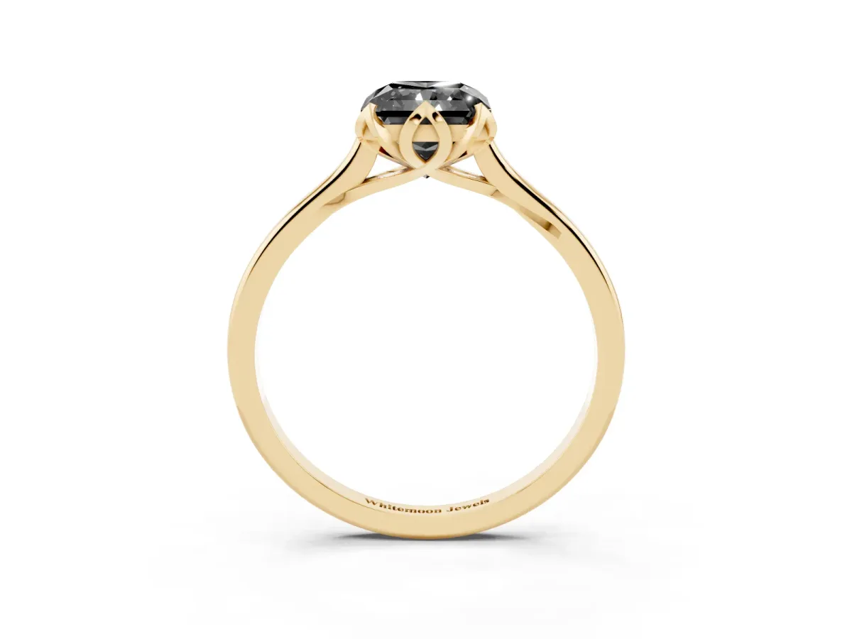 Fancy Black Radiant Cut Diamond Solitaire Ring with Flower Prong Setting and Classic Band Yellow gold