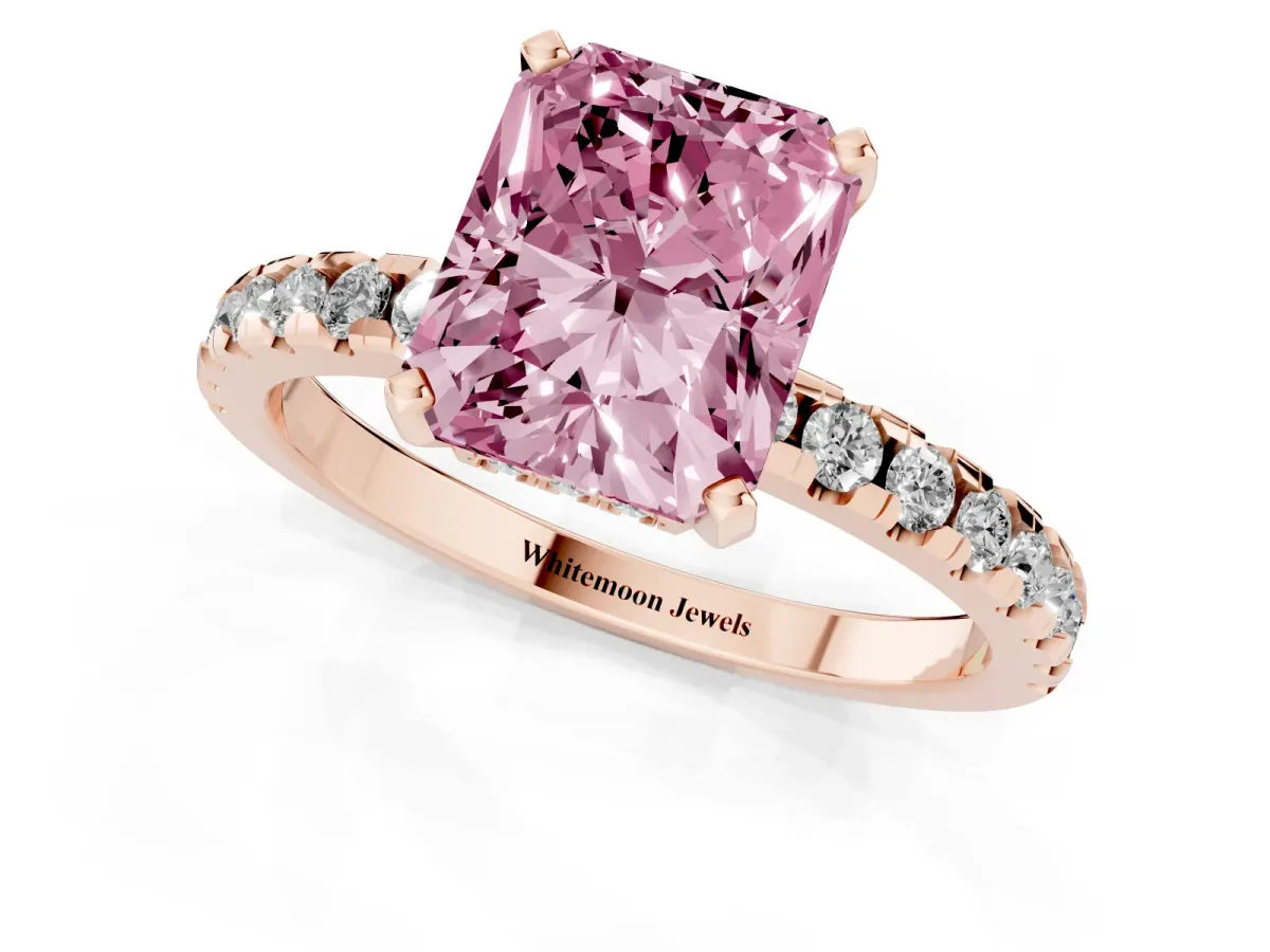 Fancy Pink Radiant Cut Diamond Solitaire Ring with Round Pavé Band and Four-Prong Setting Rose gold