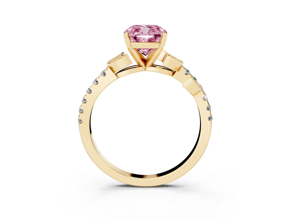 Fancy Pink Cushion Cut Solitaire Leaf-Inspired Diamond Ring with Pavé Band and Four-Prong Setting Yellow gold