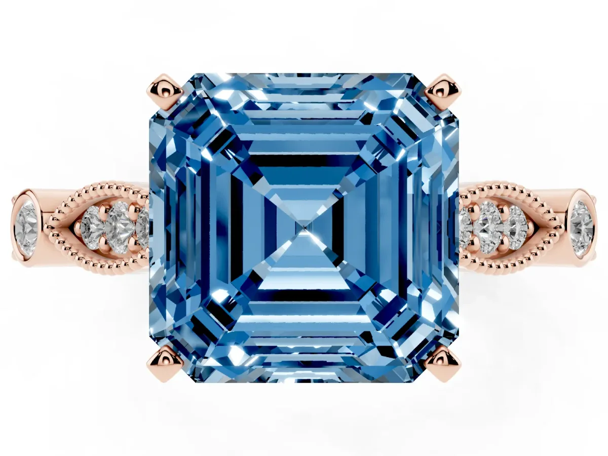 Fancy Blue Asscher Cut Cut Diamond with Milgrain Marquise and Bezel Accents on a Solitaire Band with Prong Setting Rose gold