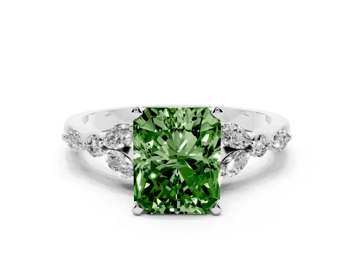 Fancy Green Radiant Cut Diamond Solitaire Ring with Side Stones and Four-Prong Setting Silver