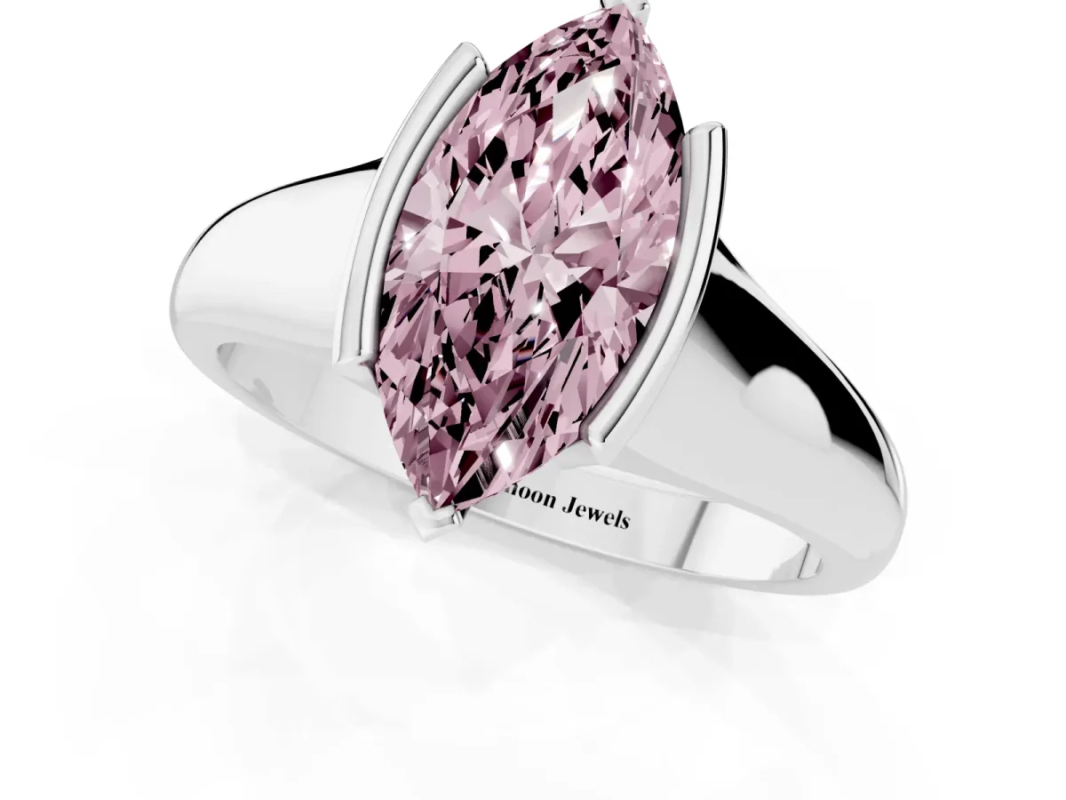 Fancy Pink Marquise Cut Solitaire Tension Set Diamond Ring with Split Shank Band Silver