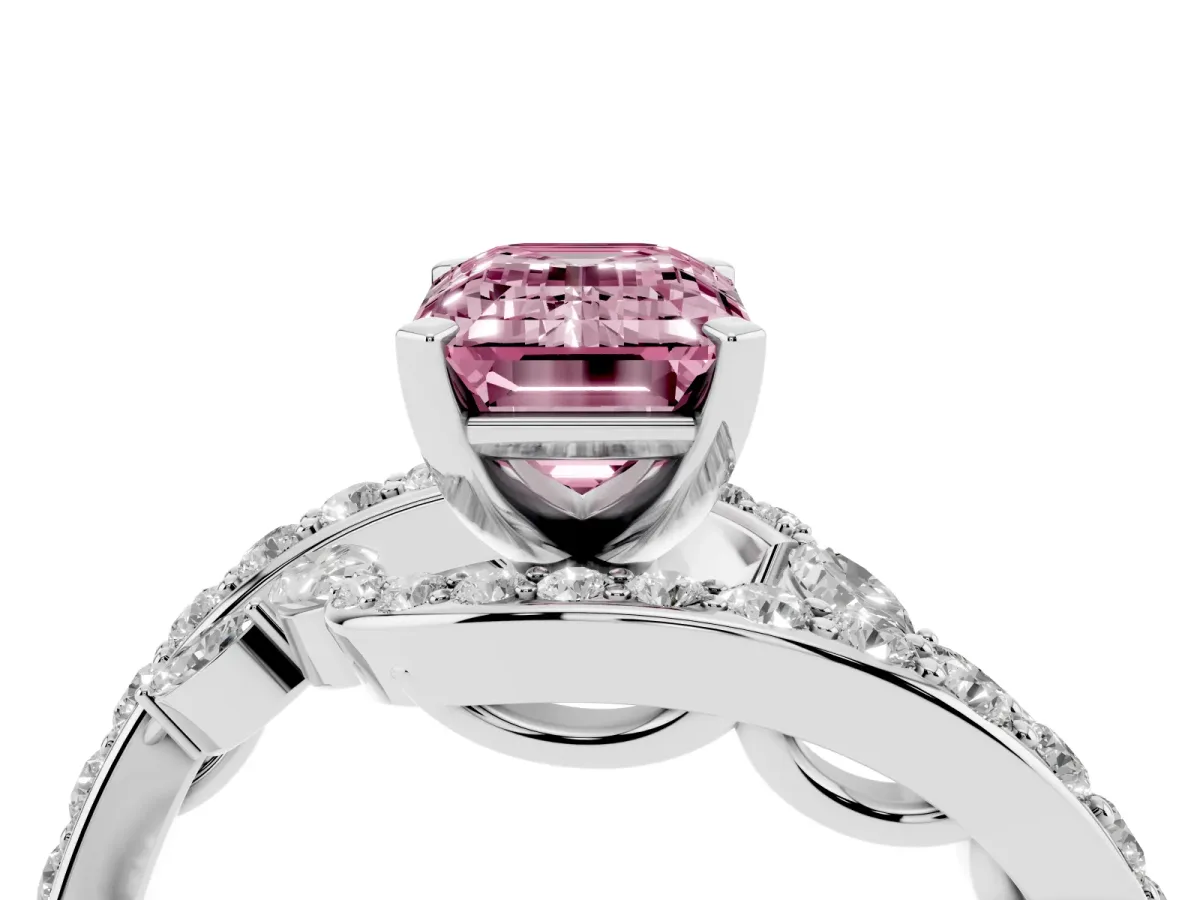 Fancy Pink Emerald Cut Solitaire with Pavé Twist Band and Four-Prong Setting Silver