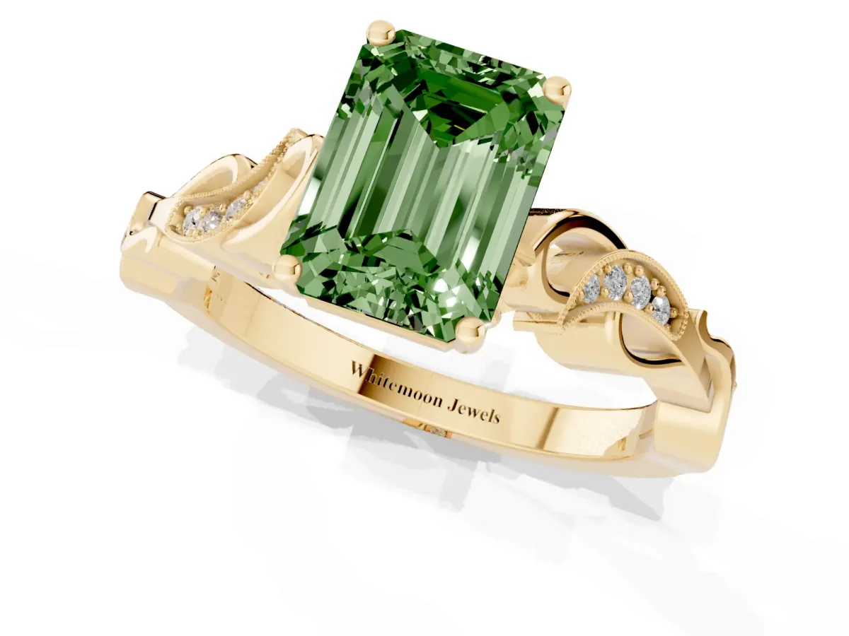 Fancy Green Emerald Cut Solitaire Vine Band with Milgrain Prong Setting Yellow gold