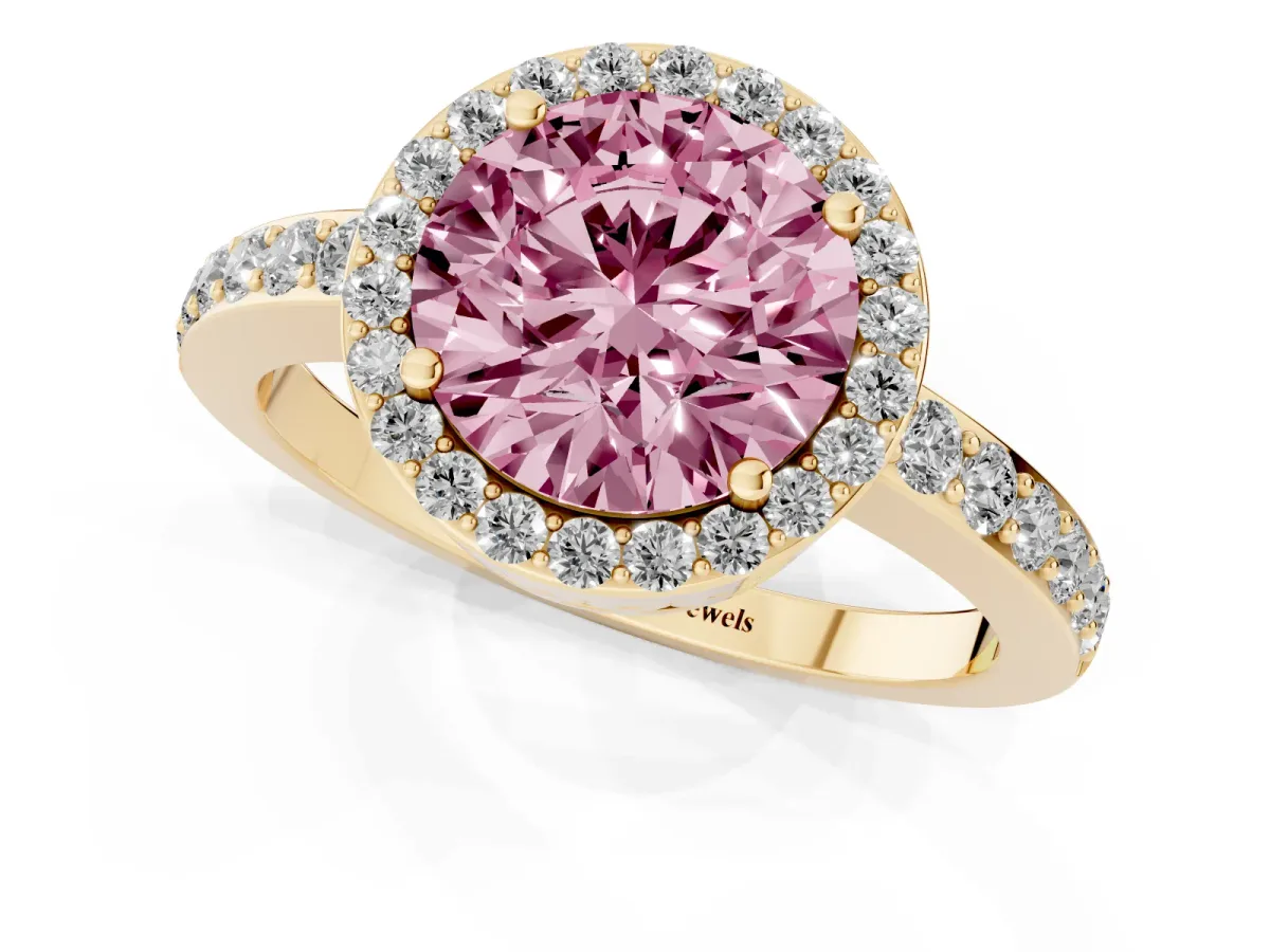 Fancy Pink Round Cut Halo Diamond Pavé Band Ring with Prong Setting Yellow gold