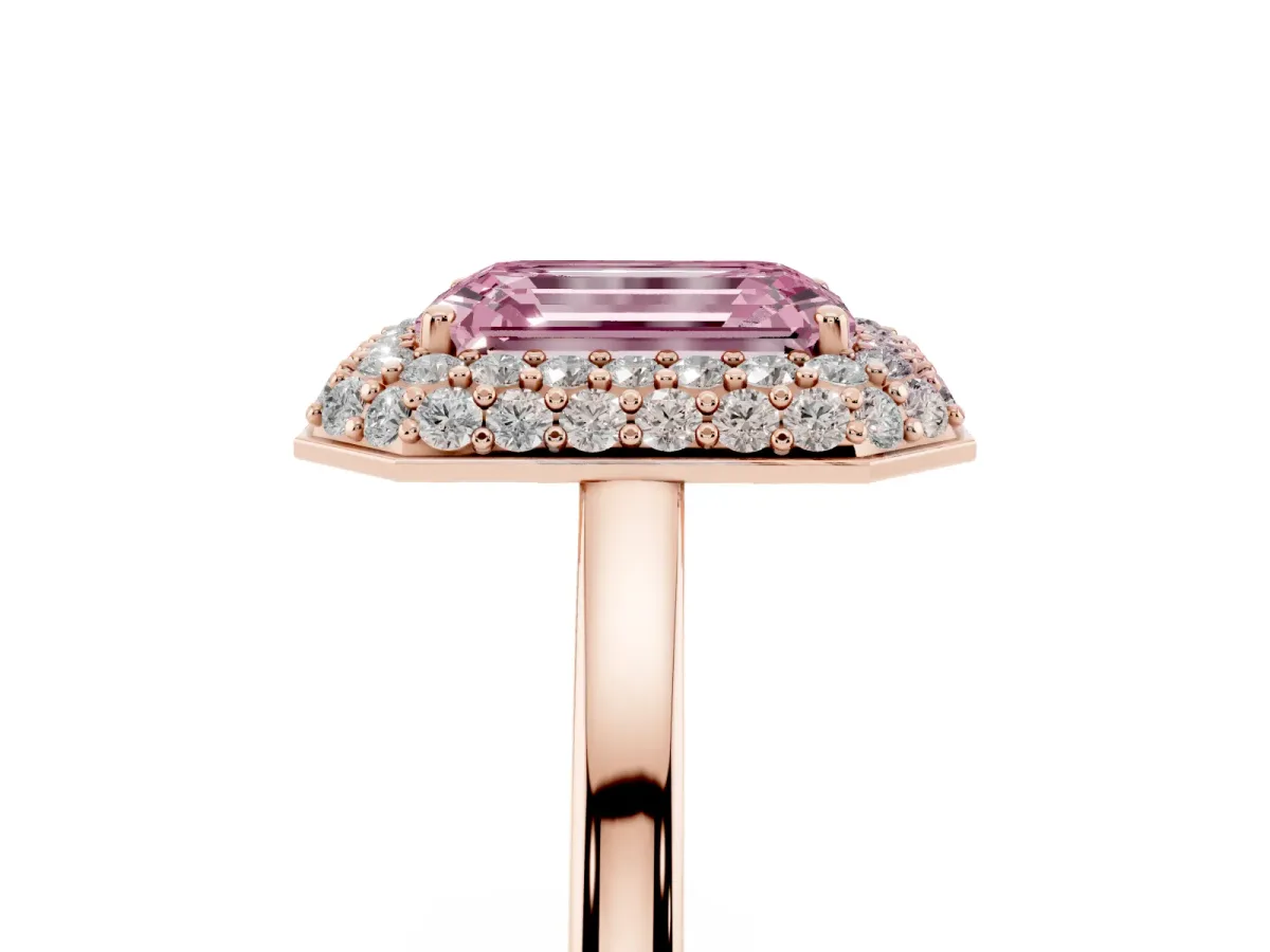 Fancy Pink Emerald Cut Halo Diamond Engagement Ring with Solitaire Band and Four-Prong Setting Rose gold