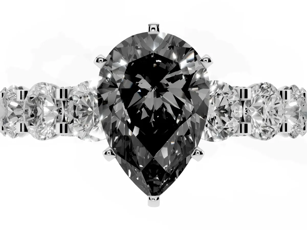 Fancy Black Pear Cut Diamond Side Stone Engagement Ring with Four-Prong Setting Silver