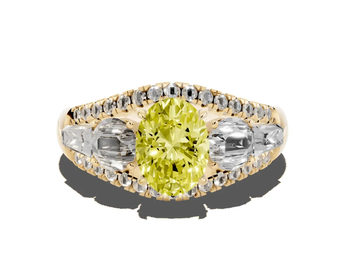Fancy Yellow Three-Stone Oval Cut Diamond Engagement Ring with Pave Band and Prong Setting Yellow gold