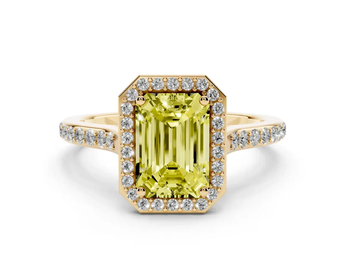 Fancy Yellow Emerald Cut Diamond Halo Engagement Ring with Round Pavé Shoulders and Prong Setting Yellow gold