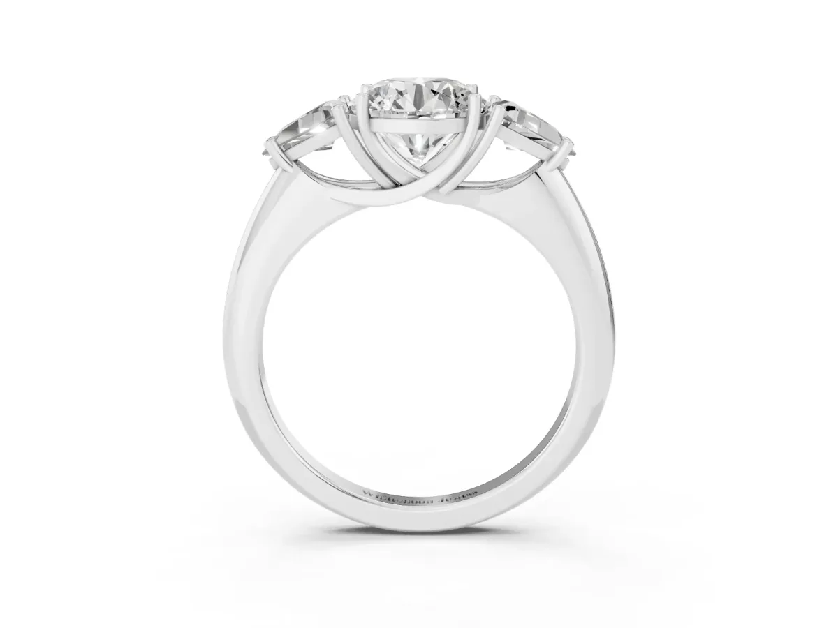 Three-Stone Round Cut Diamond Engagement Ring with Trillion Side Stones and Prong Setting Silver