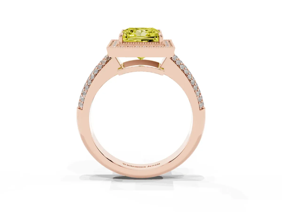Fancy Yellow Princess Cut Cut Halo Diamond Pave Band with Four-Prong Setting Rose gold
